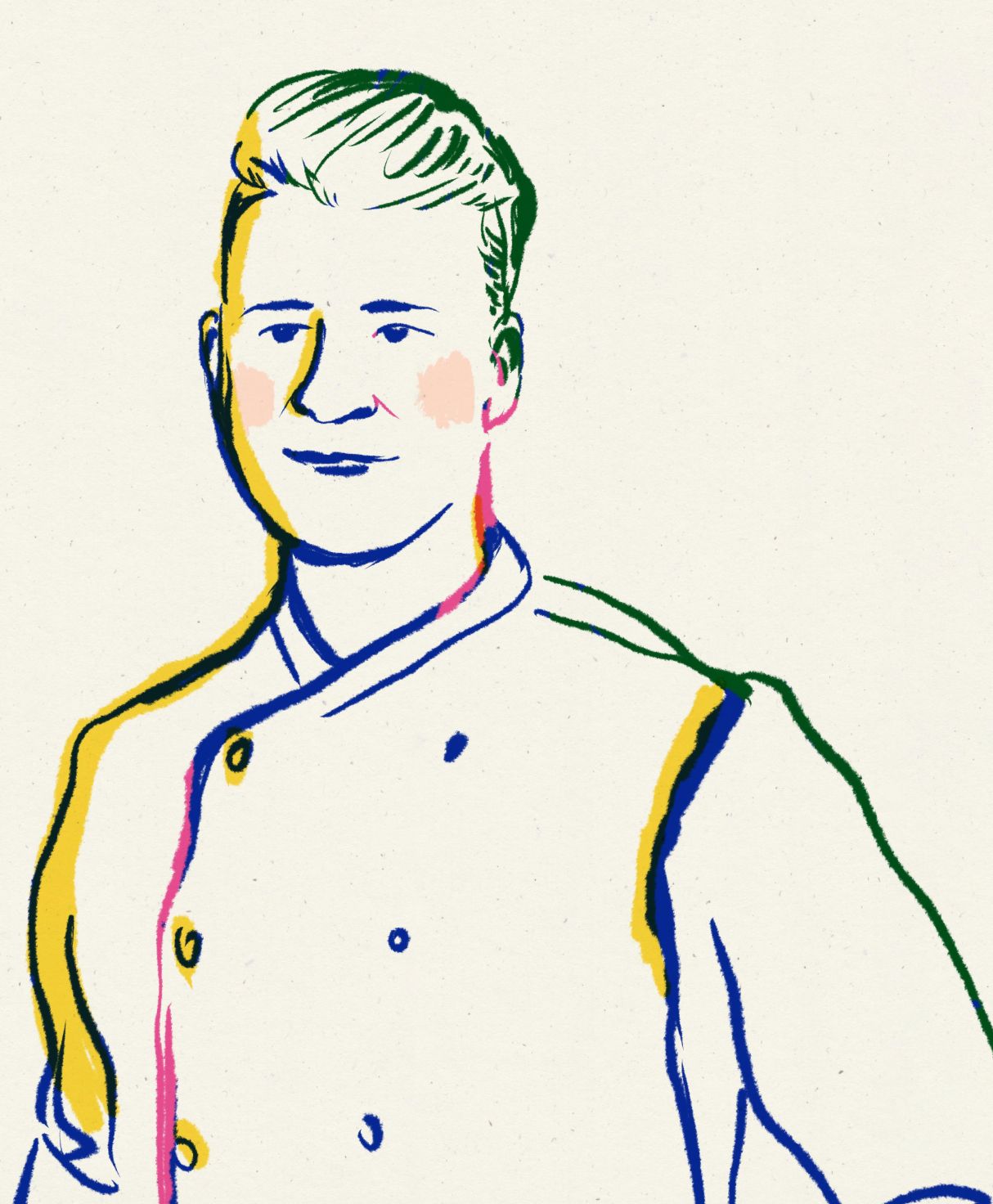 A stylized drawing of a chef with a classic chef's coat