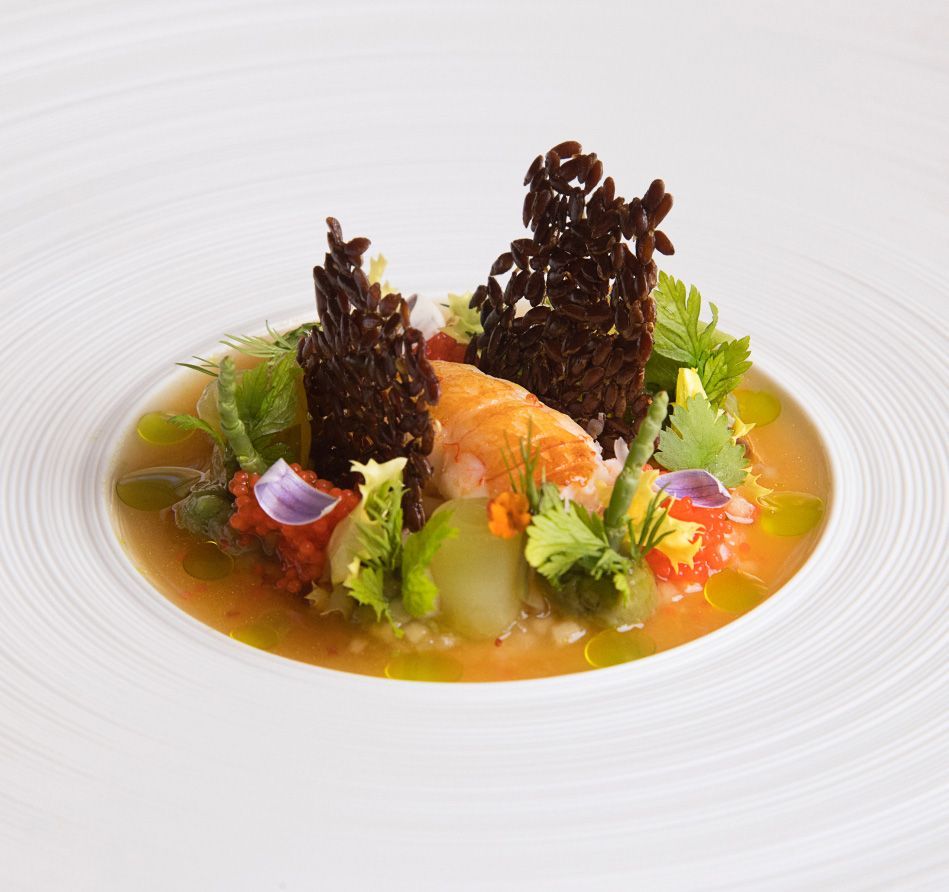 An artistic seafood dish featuring shrimp, caviar, and wild rice with fresh herbs and a citrusy sauce on a white plate