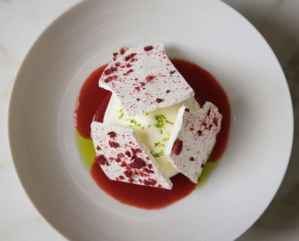 A deconstructed dessert with white mousse and red fruit coulis, garnished with lime zest and speckled tuile shards on a white plate
