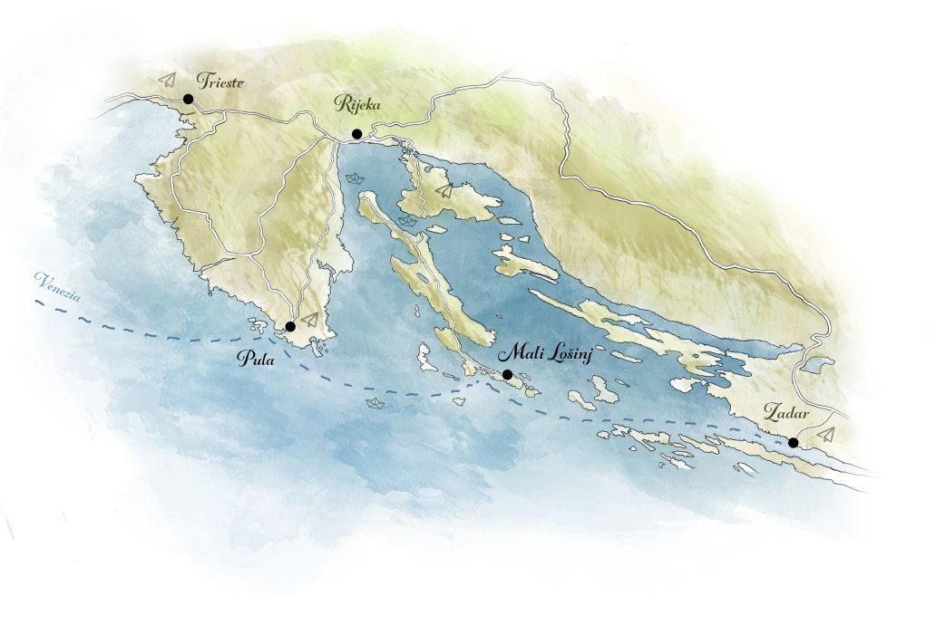 A stylized map illustration showing part of the Adriatic Sea with highlighted locations including Trieste, Rijeka, Pula, Venice, Mali Losinj, and Zadar.